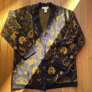 Vtg Jones New York Navy Gold Floral Pattern Cardigan MED EUC